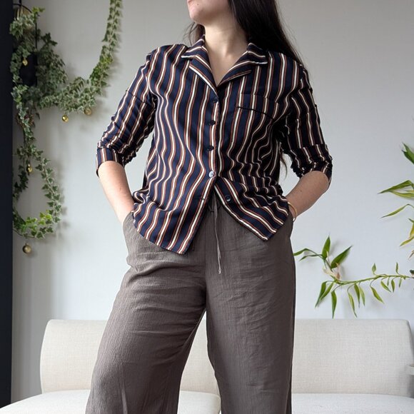 BELAIR Vertically Striped Collared Navy Button-up Shirt, Size M - Picture 1 of 10